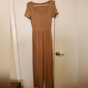 Ribbed Square Neck Short Sleeve Wide Leg Jumpsuit By Yozy